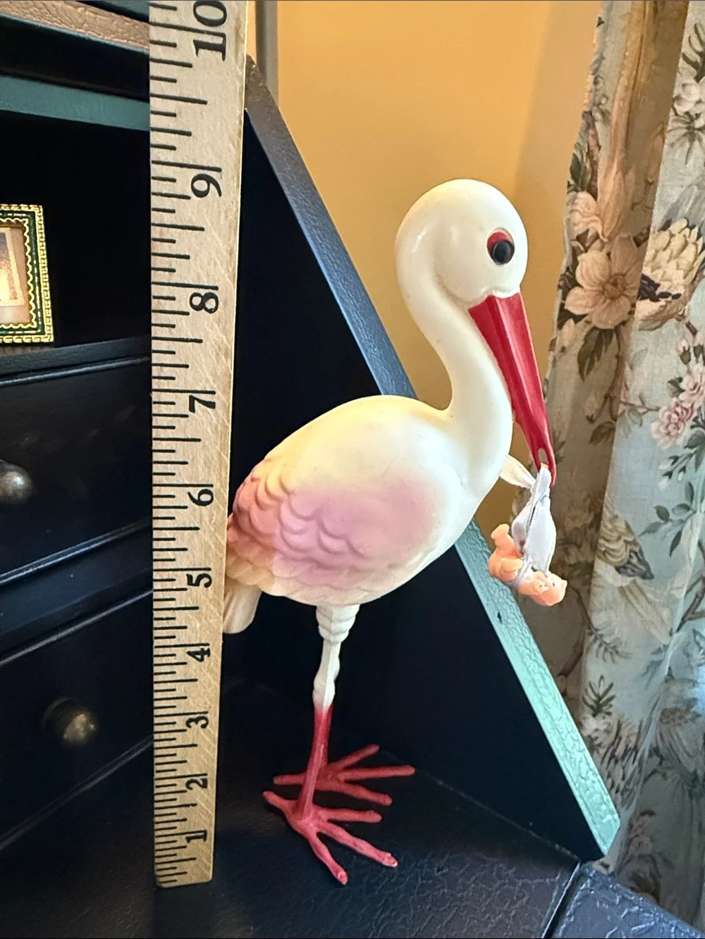 Vintage baby shower White & Pink Stork Figurine with Red Beak as-is